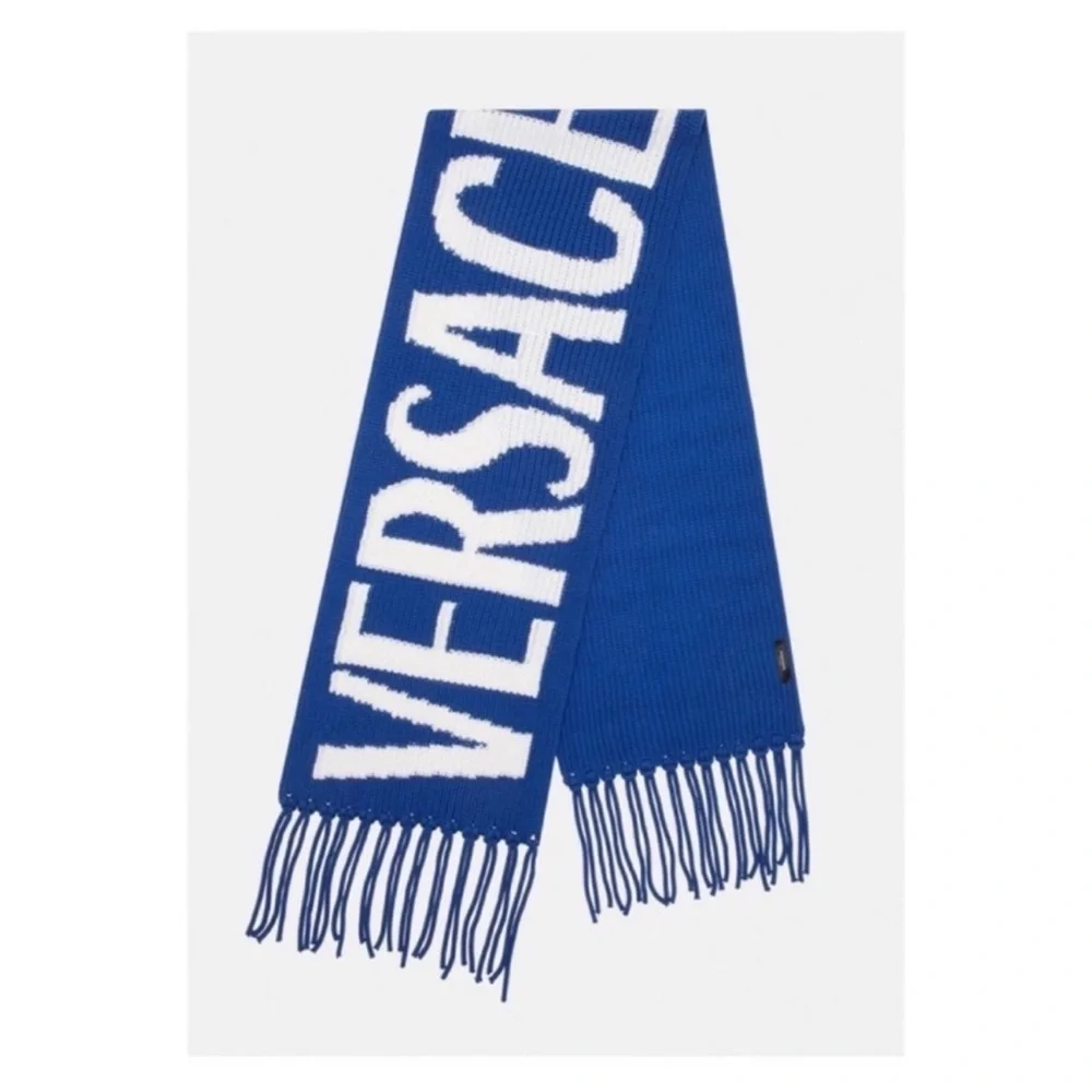 New! VERSACE Logo Intarsia Knit Fringe Oversized Unisex Wool Scarf in Royal Blue